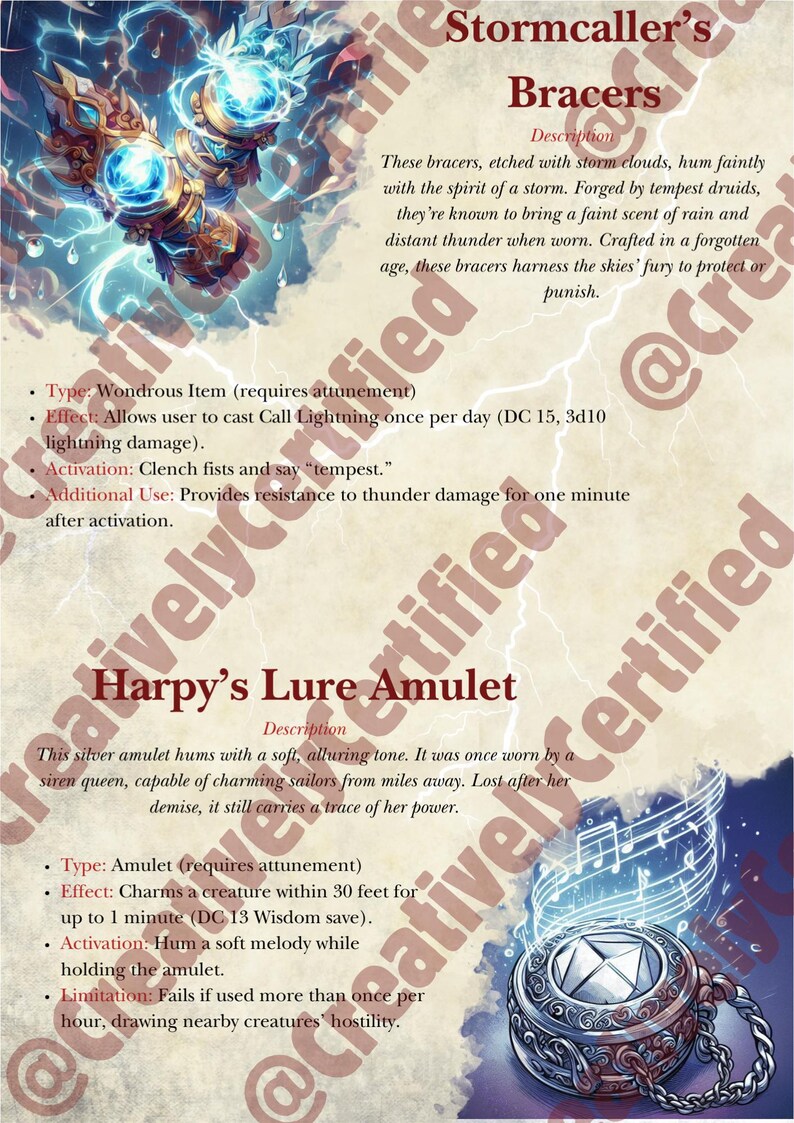 May include: A pair of silver bracers with blue lightning bolts etched into them. The bracers are described as being able to cast a spell called "Call Lightning" once per day. The bracers also provide resistance to thunder damage for one minute after activation.