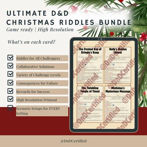 May include: A digital tablet displaying a set of four Christmas-themed Dungeons and Dragons riddle cards. The cards are titled "The Frosted Key of Kringle's Keep", "Holly's Hidden Hoard", "The Twinkling Tangle of Tinsel", and "Mistletoe's Mysterious Message".