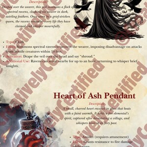 May include: Two illustrations of magical items. The first is a black veil with a flock of ravens. The text reads "Veil of the Mourning Raven". The second is a glass pendant containing a charred heart. The text reads "Heart of Ash Pendant".