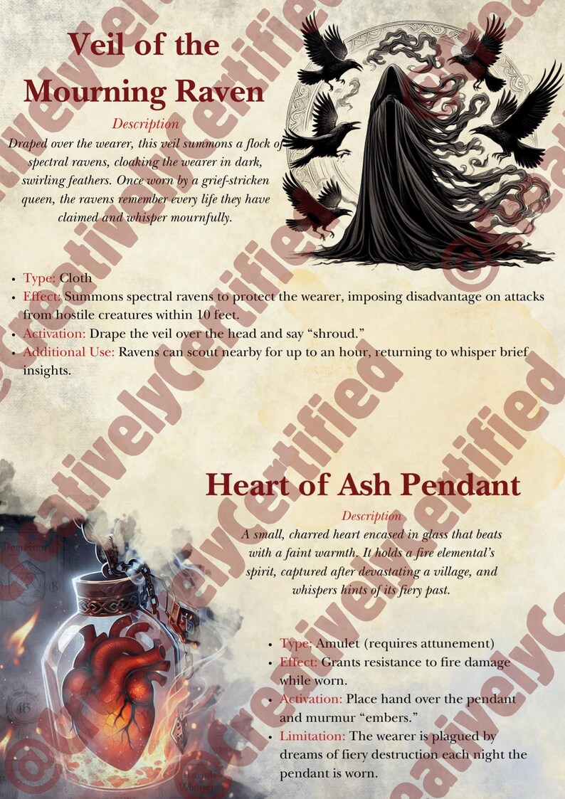 May include: Two illustrations of magical items. The first is a black veil with a flock of ravens. The text reads "Veil of the Mourning Raven". The second is a glass pendant containing a charred heart. The text reads "Heart of Ash Pendant".