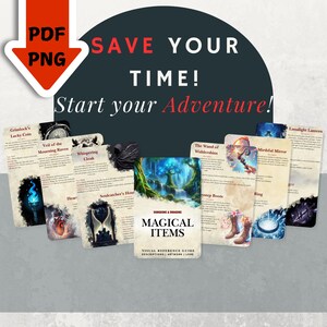 May include: A visual reference guide for Dungeons & Dragons magical items. The guide includes illustrations and descriptions of various items, such as Grimlock's Lucky Coin, Veil of the Mourning Raven, Whispering Cloak, Heart, Soulcatcher's Hour, The Wand of Widdershins, Mirthful Mirror, Ring, Crytstep Boots, and Lunalight Lantern.