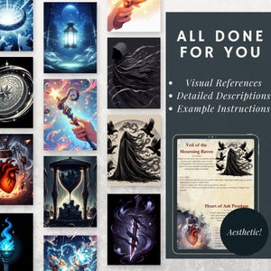 May include: A digital collage of images depicting various fantasy items, including a heart-shaped bottle, a hooded figure, a sword, a lantern, and a compass. The text "All Done For You" is displayed at the top of the image, along with bullet points listing "Visual References", "Detailed Descriptions", and "Example Instructions".
