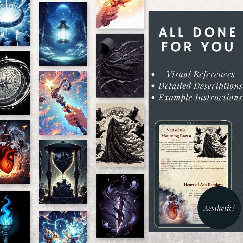 May include: A digital collage of images depicting various fantasy items, including a heart-shaped bottle, a hooded figure, a sword, a lantern, and a compass. The text "All Done For You" is displayed at the top of the image, along with bullet points listing "Visual References", "Detailed Descriptions", and "Example Instructions".