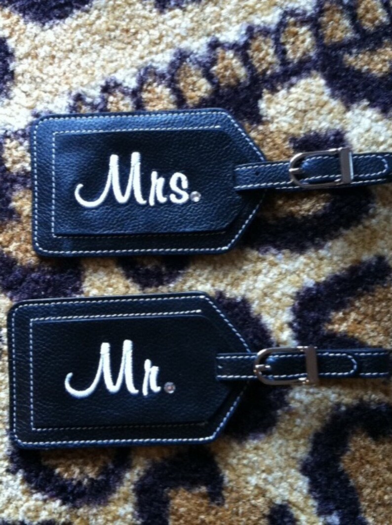 Two Personalized Leather Luggage Tags Mr and Mrs with a little Etsy