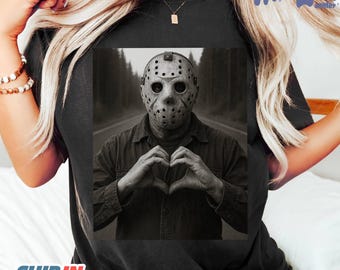 Funny Jason Voorhees Horror Character Selfie Halloween Meme Tee, Jason Voorhees Heart Hands Shirt, Retro Horror Character Tee