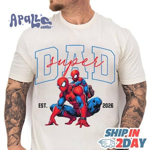 A white t-shirt with a graphic design featuring two Spider-Man characters and the text "DAD" above them.