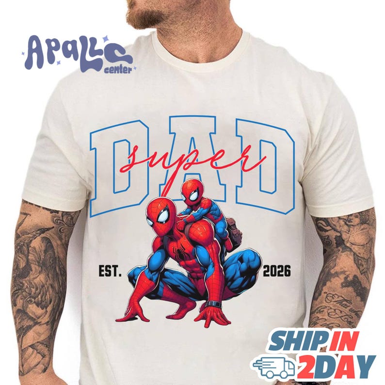 A white t-shirt with a graphic design featuring two Spider-Man characters and the text "DAD" above them.