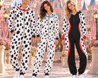 Personalized 101 Dalmatians Pongo Perdita and Cruella de Vil Jumpsuit Pajamas, Spotted Halloween Costumes, Sleepover Party Outfit