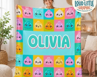 Personalized Blanket, Squishy Dumpling Blanket, Cute Name Blanket, Squishy Dumpling Character Throw Blanket, Birthday Gift for Girls