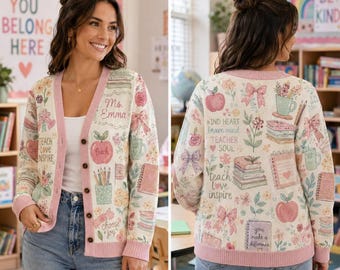 Personalized Teacher Cardigan, Custom Name Back to School, Apple Pencil Book Print, Kind Heart Brave Mind, Gift for Teacher