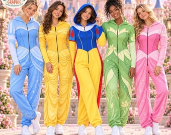 Custom Princess Hooded Jumpsuit Pajamas, Cinderella Belle Snow White Tiana Aurora Halloween Costume, Team Matching Set