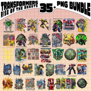 Puede incluir: Un conjunto de 35+ imágenes PNG con personajes y logotipos de Transformers. Las imágenes incluyen varios diseños de Optimus Prime, Bumblebee y otros personajes de la película "Rise of the Beasts". Las imágenes son de varios colores y estilos.