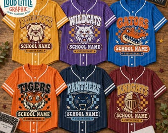 Personalized Mascot Baseball Team, Custom School Name Baseball Jersey, College Game Day Sports, Back To School, Teacher Team Baseball Jersey