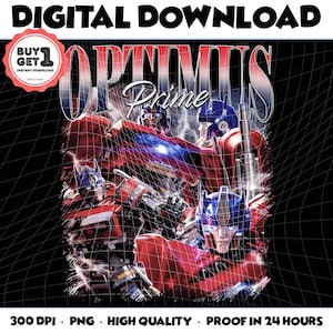 Op de afbeelding: Digitale download met Optimus Prime van Transformers. De afbeelding toont het personage in rood, blauw en zilver, tegen een zwarte rasterachtergrond. Tekst bevat "DIGITAL DOWNLOAD" en "OPTIMUS Prime".