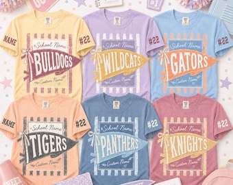 Custom Pennant Flag Mascot T-Shirt, Personalized Varsity Name & Number Tee, Retro College Sports Shirt, Team Spirit Game Day Apparel