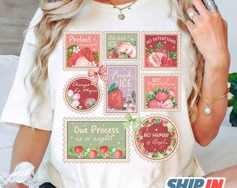 Strawberry Doodle Postage Stamps Tee, Anti ICE Postage Stamps Shirt, Abolish ICE Shirt, Abolish Ice Shirt, Anti Trump Proimmigration Tee