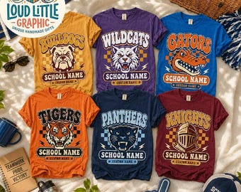 May include: Six short-sleeve t-shirts in mustard, purple, blue, orange, navy, and maroon. Each shirt features a mascot graphic, a checkered background, and the text School Name and Custom Name. Mascots include a bulldog, wildcat, gator, tiger, panther, and knight.