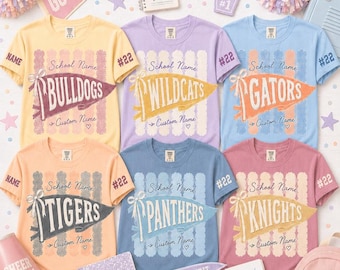 Custom Pennant Mascot T-Shirt, Personalized Name and Number Tee, Retro College Sports Shirt, Team Spirit Game Day Apparel