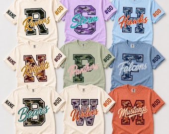 Custom Varsity Letter T-Shirt, Personalized College Mascot Shirt, Camo Letter Tee, Team Spirit Shirt, Custom Name And Number Apparel