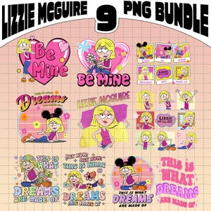 Op de afbeelding: Een digitale kunstbundel met Lizzie McGuire. De collectie bevat verschillende illustraties van het personage, met zinnen als "Be Mine" en "This is what dreams are made of". Het kleurenpalet is voornamelijk roze, paars en geel.