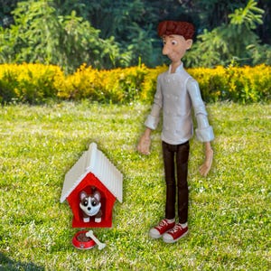 Dollhouse Dog House: Miniature Husky Pup with Bone, 1/12 Scale