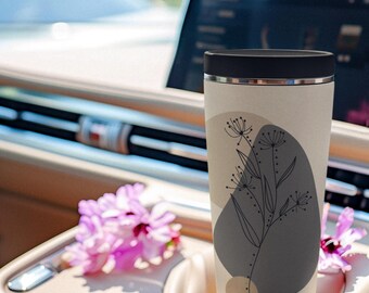 Minimalist Boho Botanical Travel Mug, Aesthetic Abstract Floral Stainless Steel Insulated Tumbler, Eco Coffee Lover Gift 15oz