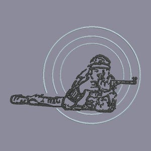 Könnte beinhalten: Eine Schwarzweißillustration einer Person, die mit einem Gewehr auf ein Ziel zielt. Das Ziel ist eine Reihe konzentrischer Kreise.
