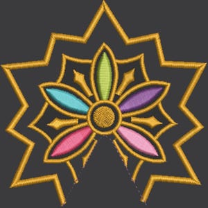 May include: Embroidered floral design featuring a central flower in shades of blue, pink, green, and purple, framed by a gold starburst pattern. The design is set against a dark grey background, creating a striking contrast.