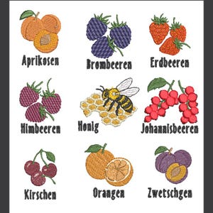 Puede incluir: Diseños bordados de frutas y una abeja. La imagen presenta albaricoques, moras, fresas, frambuesas, una abeja en un panal, grosellas, cerezas, naranjas y ciruelas, cada uno con una palabra alemana debajo.