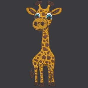 May include: A cartoon giraffe with brown spots and blue eyes. The giraffe is standing on a dark grey background.
