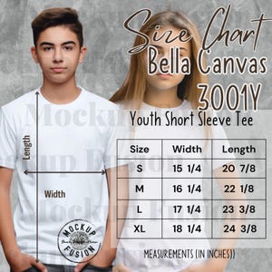 May include: A white youth short sleeve tee shirt with a size chart. The chart shows measurements in inches for sizes S, M, L, and XL. The shirt is Bella Canvas 3001Y. The image includes the text "Mockup Fusion".