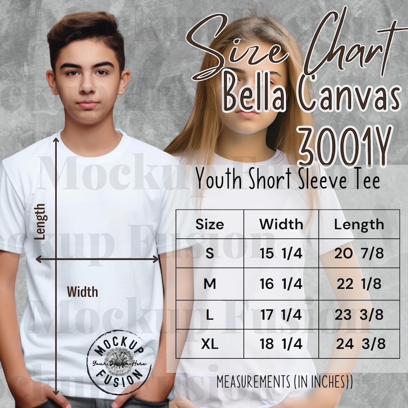 May include: A white youth short sleeve tee shirt with a size chart. The chart shows measurements in inches for sizes S, M, L, and XL. The shirt is Bella Canvas 3001Y. The image includes the text "Mockup Fusion".