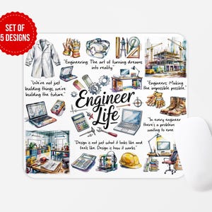 May include: A colourful mouse mat with a watercolour design featuring tools, buildings, and inspirational quotes about engineering. The text "Engineer Life" is prominently displayed in the centre.