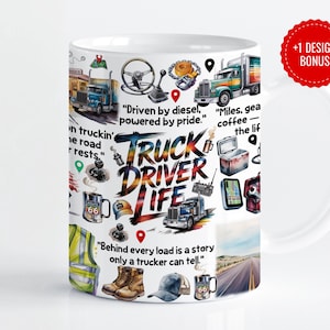 Puede incluir: Taza de cerámica blanca con un diseño que presenta ilustraciones y texto relacionados con los camiones. La taza muestra imágenes de camiones, la Ruta 66 y frases como "Truck Driver Life" y "Driven by diesel, powered by pride."