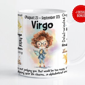 May include: White ceramic mug featuring a Virgo zodiac design. The mug has a cartoon illustration of a person with glasses and the word "Virgo" in large letters. Additional text includes "August 23 - September 22" and "Detail-oriented".