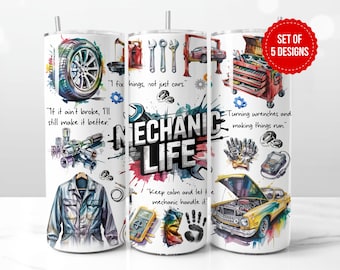 Ontwerp beker met monteur | Sleutels, tandwielen, vet en garageoffertes| Aquarel| 20oz skinny sublimatie, png, digitale download