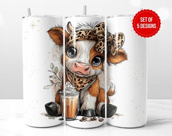 Cute Cow Coffee Tumbler Design | Baby Calf with Leopard Bow, Latte & Farmhouse Animal Art | 20oz Skinny Sublimation PNG | Digital Download