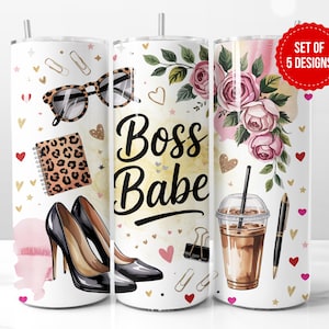 Boss Babe Tumbler Design, Woman Business Owner Style with Sunglasses, Coffee, Heels & Flowers, 20oz Skinny Sublimation PNG, Digital Download
