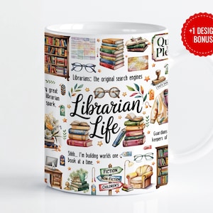 Puede incluir: Taza de cerámica blanca con un diseño colorido que presenta libros, gafas y el texto "Librarian Life". El diseño incluye el texto "Librarians: the original search engines" y "Shh... I'm building worlds one book at a time."