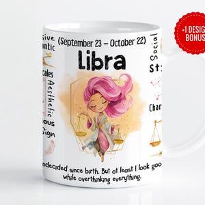 May include: White ceramic mug featuring a Libra zodiac design. The mug has a cartoon illustration of a woman with pink hair holding scales, with the word "Libra" and text about the sign. A red sticker says "+1 DESIGN BONUS".