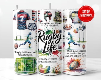 May include: A set of five white 20 oz. insulated tumblers with a rugby theme. Each tumbler features watercolor illustrations of rugby equipment, players, and quotes like "Rugby Life" and "Rugby builds warriors, not just players."
