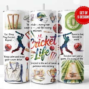 Pode incluir: Um conjunto de cinco designs de copos com tema de críquete. Cada copo apresenta ilustrações em aquarela de equipamentos de críquete, jogadores e citações sobre o esporte. Os designs incluem bolas de críquete, bastões e "Cricket Life."