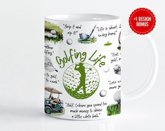 May include: White ceramic mug with a golf theme. The mug features green and white illustrations of golf balls, a golf cart, and a golfer. Text includes "Golfing Life" and various golf-related quotes.