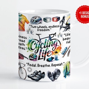 Watercolor Cycling Mug Design: Bike Art, Ride Quotes (Digital Download PNG)