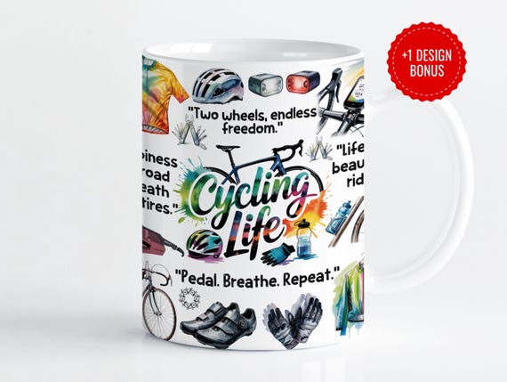Watercolor Cycling Mug Design: Bike Art, Ride Quotes (Digital Download PNG)