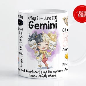 May include: White ceramic mug with a Gemini zodiac design. The design includes a cartoon character holding masks, the Gemini symbol, and the text "Gemini (May 21 - June 20)". A red sticker with "+1 DESIGN BONUS" is also visible.