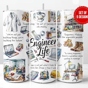 以下が含まれることがあります： エンジニアリングツール、建物、そしてインスピレーションを与える引用を水彩画で描いた、5つのタンブラーデザインのセット。タンブラーは白地に黒の文字とカラフルなイラストが描かれています。テキストには、「私たちは単に物を作っているのではなく、未来を作っているのです。」や「エンジニアは、不可能を可能にする。」などの引用が含まれています。