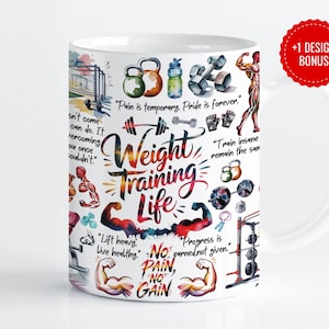 Weight Training Mug Design | Barbell and Dumbbell Elements with Fitness Quotes | Fitness | 11oz & 15oz Sublimation PNG | Digital Download