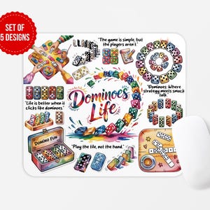 May include: A white mousepad featuring a colorful dominoes design with the text "Dominoes Life." The design includes various domino arrangements, quotes, and a red circle that says "Set of 5 Designs."
