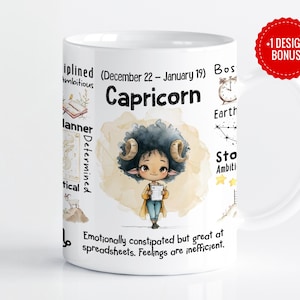 Könnte beinhalten: Weiße Keramik-Tasse mit einem Steinbock-Sternzeichen-Design. Die Illustration zeigt eine Cartoon-Figur mit Widderhörnern, das Wort "Steinbock" und astrologische Symbole. Die Tasse hat auch Text, der lautet: "Diszipliniert, Ehrgeizig, Planer, Entschlossen, Praktisch".